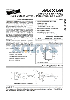 MAX4142ESD datasheet - 250MHz, Low-Power, High-Output-Current, Differential Line Driver