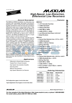 MAX4144 datasheet - High-Speed, Low-Distortion, Differential Line Receivers