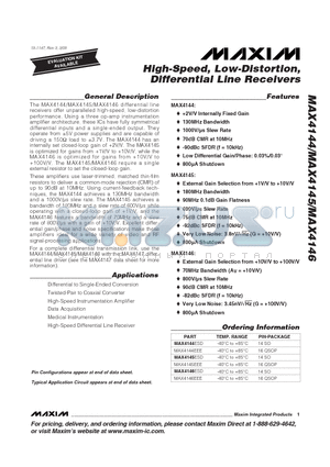 MAX4144 datasheet - High-Speed, Low-Distortion, Differential Line Receivers