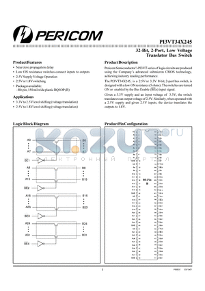 PI3VT34X245B datasheet - 32-Bit, 2-Port, Low Voltage Translator Bus Switch