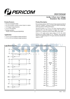 PI3VT32X245B datasheet - 16-Bit, 2-Port, Low Voltage Translator Bus Switch