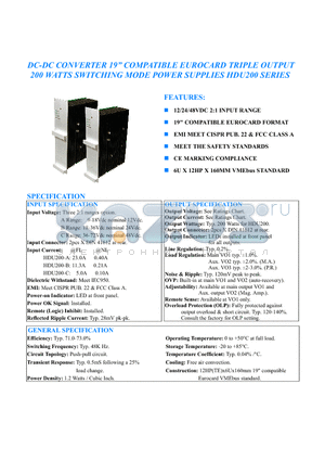 HDU200 datasheet - DC-DC CONVERTER 19 COMPATIBLE EUROCARD TRIPLE OUTPUT 200 WATTS SWITCHING MODE POWER SUPPLIES HDU200 SERIES