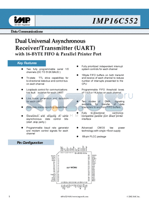 IMP16C552 datasheet - Dual Universal Asynchronous Receiver/Transmitter (UART) with 16-BYTE FIFO & Parallel Printer Port