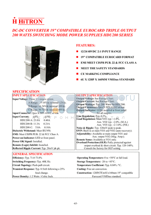 HDU200 datasheet - DC-DC CONVERTER 19 COMPATIBLE EUROCARD TRIPLE OUTPUT 200 WATTS SWITCHING MODE POWER SUPPLIES