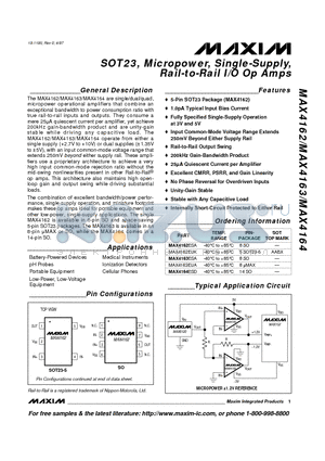 MAX4162-MAX4164 datasheet - SOT23, Micropower, Single-Supply, Rail-to-Rail I/O Op Amps