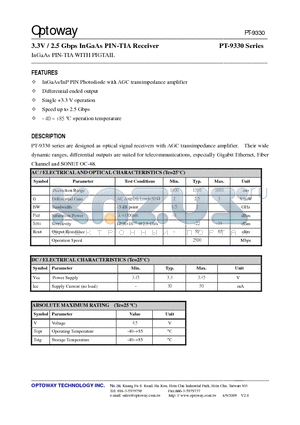 PT-9332B-VS datasheet - 3.3V / 2.5 Gbps InGaAs PIN-TIA Receiver InGaAs PIN-TIA WITH PIGTAIL