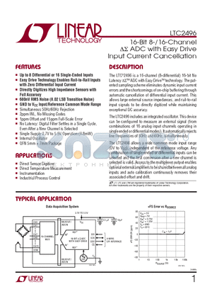 LTC2496 datasheet - 16-Bit 8-/16-Channel DS ADC with Easy Drive Input Current Cancellation