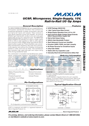 MAX4164ESD+ datasheet - UCSP, Micropower, Single-Supply, 10V, Rail-to-Rail I/O Op Amps