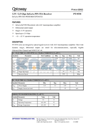 PT-9500B-T datasheet - 3.3V / 2.5 Gbps InGaAs PIN-TIA Receiver InGaAs PIN-TIA WITH RECEPTACLE