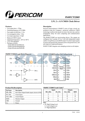 PI49FCT32805 datasheet - 3.3V, 2 x 1:5 CMOS Clock Driver