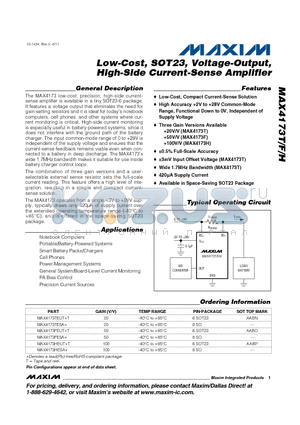 MAX4173TEUTT datasheet - Low-Cost, SOT23, Voltage-Output, High-Side Current-Sense Amplifier 420lA Supply Current