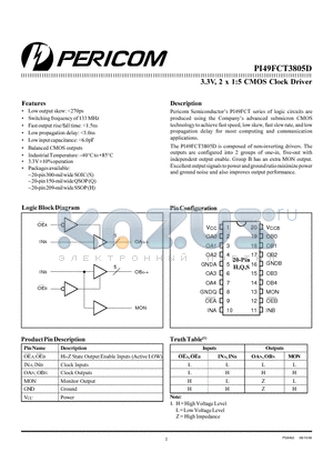 PI49FCT3805D datasheet - 3.3V, 2 x 1:5 CMOS Clock Driver