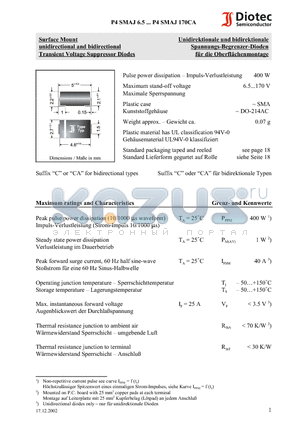 P4SMAJ7.0 datasheet - Surface Mount unidirectional and bidirectional Transient Voltage Suppressor Diodes