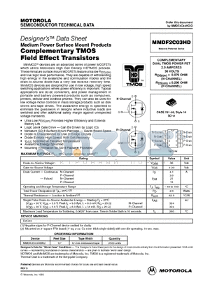 MMDF2C03HD datasheet - COMPLEMENTARY DUAL TMOS POWER FET 2.0 AMPERES 30 VOLTS