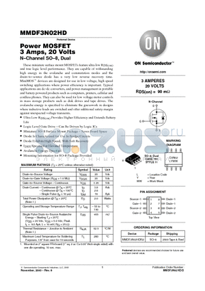 MMDF3N02HD datasheet - Power MOSFET 3 Amps, 20 Volts N-Channel SO-, DuaL