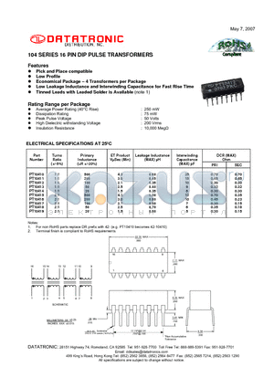 PT10412 datasheet - 16 PIN DIP PULSE TRANSFORMERS