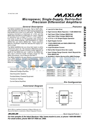 MAX4198-MAX4199 datasheet - Micropower, Single-Supply, Rail-to-Rail Precision Differential Amplifiers