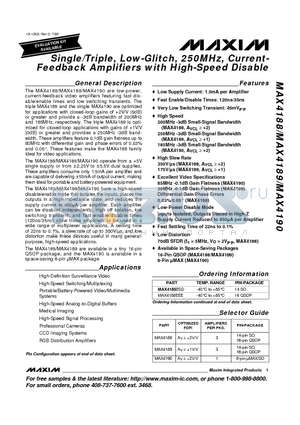 MAX4188EEE datasheet - Single/Triple, Low-Glitch, 250MHz, Current- Feedback Amplifiers with High-Speed Disable