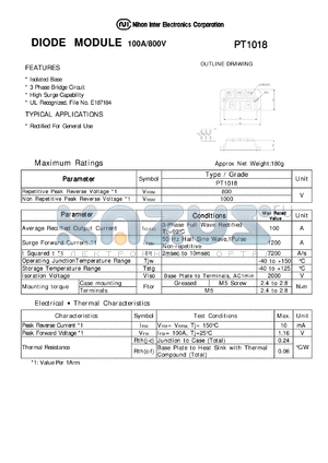 PT1018 datasheet - DIODE MODULE 100A/800V