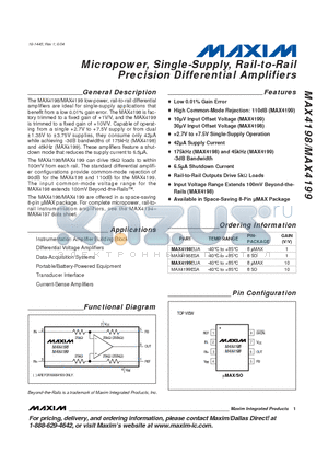 MAX4199EUA datasheet - Micropower, Single-Supply, Rail-to-Rail Precision Differential Amplifiers