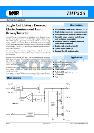 IMP525 datasheet - SINGLE CELL BATTERY POWERED ELECTROLUMINESCENT LAMP DRIVER/INVERTER
