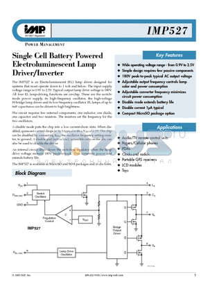 IMP527 datasheet - SINGLE CELL BATTERY POWERED ELECTROLUMINESCENT LAMP DRIVER/INVERTER