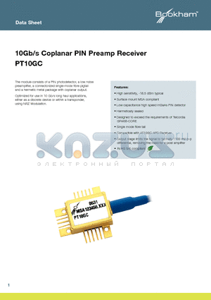 PT10GC datasheet - 10Gb/s Coplanar PIN Preamp Receiver