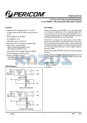 PI4ULS3V16A datasheet - 1.2V to 3.6V Universal Bi-directional Level Shifter with Automatic Direction Control