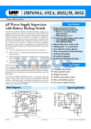 IMP690A datasheet - lP POWER SUPPLY SUPERVISOR WITH BATTERY BACKUP SWITCH