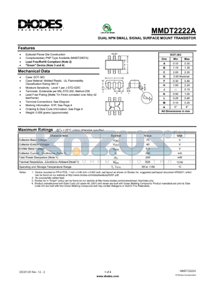 MMDT2222A datasheet - DUAL NPN SMALL SIGNAL SURFACE MOUNT TRANSISTOR