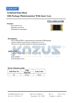 PT11-21L41 datasheet - 1206 Package Phototransistor With Inner Lens