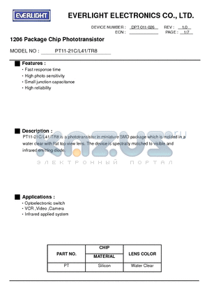 PT1121L41 datasheet - 1206 Package Chip Phototransistor