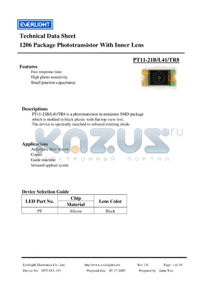 PT11-21TR8 datasheet - 1206 Package Phototransistor With Inner Lens