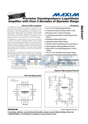 MAX4207 datasheet - Precision Transimpedance Logarithmic Amplifier with Over 5 Decades of Dynamic Range
