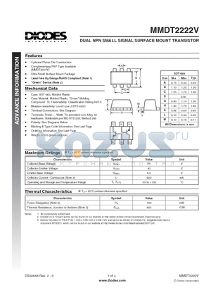 MMDT2222V datasheet - DUAL NPN SMALL SIGNAL SURFACE MOUNT TRANSISTOR