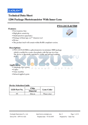 PT11-21C-L41-TR8 datasheet - 1206 Package Phototransistor With Inner Lens