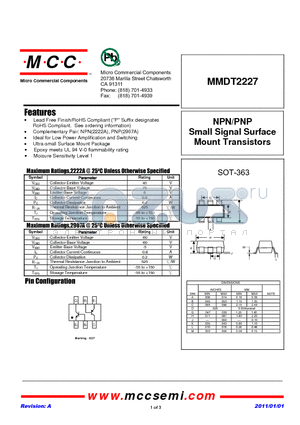MMDT2227 datasheet - NPN/PNP Small Signal Surface Mount Transistors