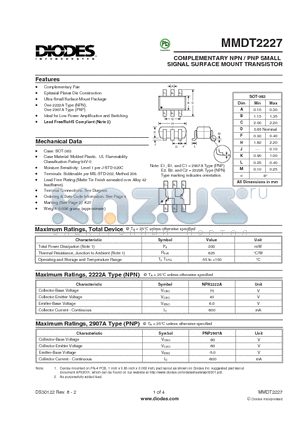 MMDT2227 datasheet - COMPLEMENTARY NPN / PNP SMALL SIGNAL SURFACE MOUNT TRANSISTOR