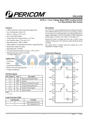 PI5A3158ZAE datasheet - SOTINYTM Low Voltage Dual SPDT Analog Switch 2:1 Mux/DeMux Bus Switch