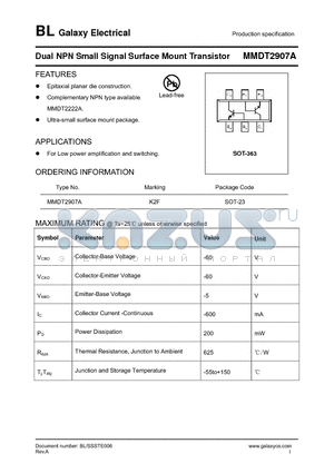 MMDT2907A datasheet - Dual NPN Small Signal Surface Mount Transistor