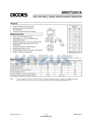 MMDT2907A-7 datasheet - DUAL PNP SMALL SIGNAL SURFACE MOUNT TRANSISTOR