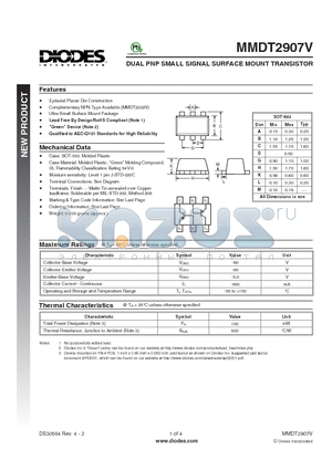 MMDT2907V-7 datasheet - DUAL PNP SMALL SIGNAL SURFACE MOUNT TRANSISTOR