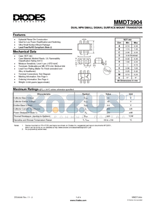 MMDT3904_1 datasheet - DUAL NPN SMALL SIGNAL SURFACE MOUNT TRANSISTOR