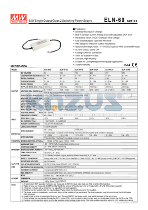 ELN-60 datasheet - 60W Single Output Class 2 Switching Power Supply