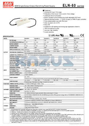 ELN-60 datasheet - 60W Single Output Class 2 Switching Power Supply