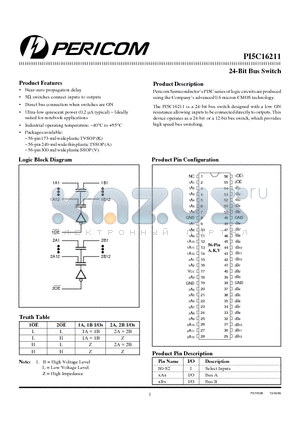 PI5C16211 datasheet - 24-Bit Bus Switch