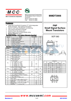 MMDT3906 datasheet - PNP Small Signal Surface Mount Transistors