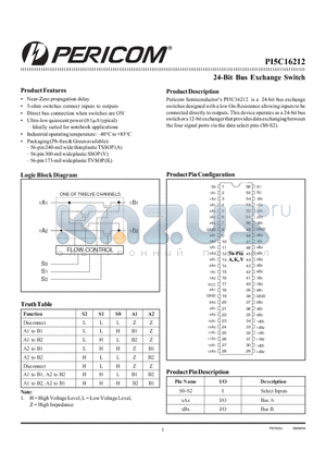 PI5C16212 datasheet - 24-Bit Bus Exchange Switch