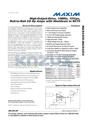 MAX4230 datasheet - High-Output-Drive, 10MHz, 10V/ls, Rail-to-Rail I/O Op Amps with Shutdown in SC70