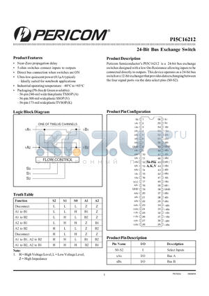 PI5C16212KE datasheet - 24-Bit Bus Exchange Switch